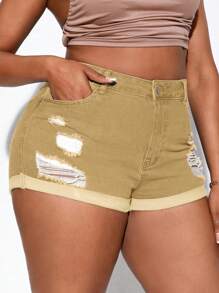 SHEIN SXY Plus Size Women Pocketed Distressed Frayed Hem Casual Denim Shorts
