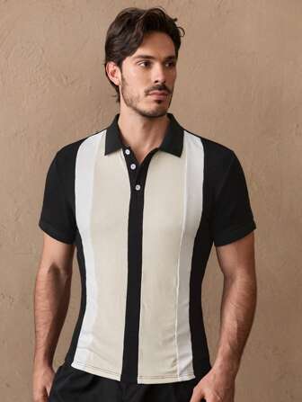 GENTILAND Camisa tipo polo ajustada casual de hombre con rayas y parches, de manga corta
