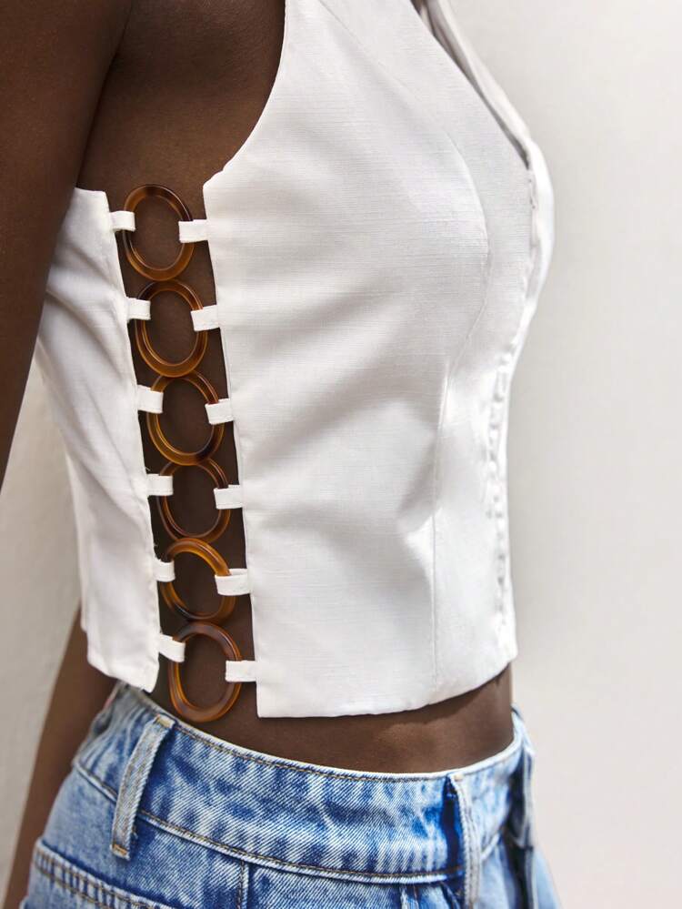 SHEIN Maija Women's White Solid Color V-Neck Zipper Placket Side Waist O-Ring Connecting Minimalist Fashion Beach Vacation Fitted Cropped Tank Top, Summer