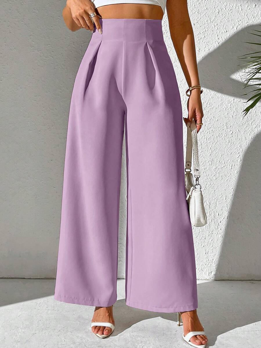 SHEIN Clasi 女士纯色高腰褶皱阔腿优雅裤 - 紫色 - 查看 1