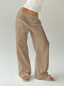 Easelle Casual Camel Women's Washed Cotton Straight Leg Low Waist Pants Business Casual Woman - Camel - View 4