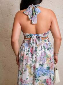 Flirla Plus Size Summer Elegant Floral Print Halter Neck Backless Maxi Dress - Multicolor - View 4