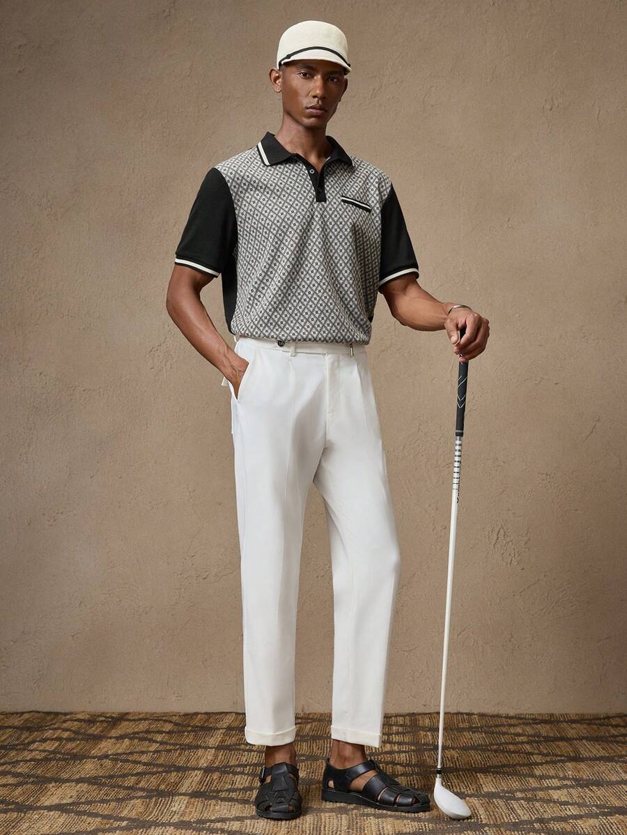 AKNOTIC Business Casual 男士提花“Old Money”高尔夫 Polo 衫，修身弹力短袖，时尚休闲装，适合日常、通勤、春夏季、度假、派对、婚礼、情侣装、男友礼物、沙滩装、父亲节礼物、学校