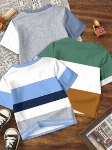 SHEIN 3 pièces T-shirts à manches courtes pour bébé garçon, style classique décontracté, imprimé graphique couleur bloquée, col rond, convient pour l'été - Multicolore - Voir 2