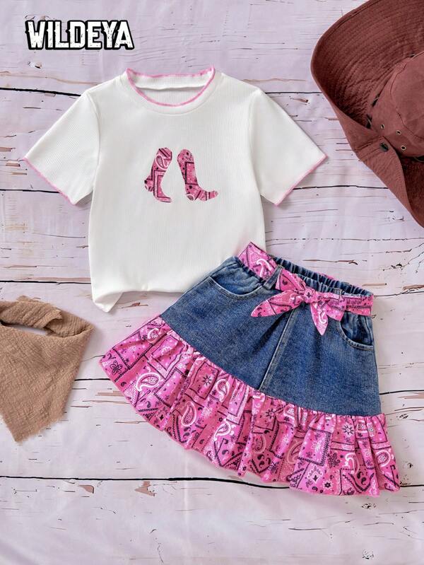 WESTFADE Young Conjunto de Camiseta estampada con textura floral vintage + Parche de mezclilla con estampado retro 2025 Primavera/Verano, con cinturón, para actividades al aire libre y reuniones sociales, para niñas jóvenes