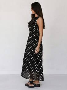 Almamuse New Polka Dot Print Elegant Round Neck Sleeveless Chiffon Dress - Black - View 6