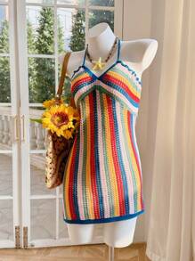 Skyraze 女士条纹微镂空海滩度假连衣裙，夏威夷女装 - 彩色 - 查看 4