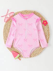 SHEIN Baby Girl Striped & Bow Print Zipper Long Sleeve Rash Guard Swimsuit - Pink - View 3