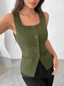 SHEIN EZwear Chaleco de traje de mujer de corte slim en color verde oliva tejido para otoño/invierno - Verde militar - Ver 3