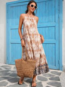 Vivid Eden Women's Summer Vacation Casual  Bohemia  Print Beaded Detail Backless Loose Long Dress,Holiday Outfits ,Summer Outfits,Summer Outfits For Women,Vacation Outfits Woman,Beach Vacation Outfits,Boho Chic - Multicolor - View 2