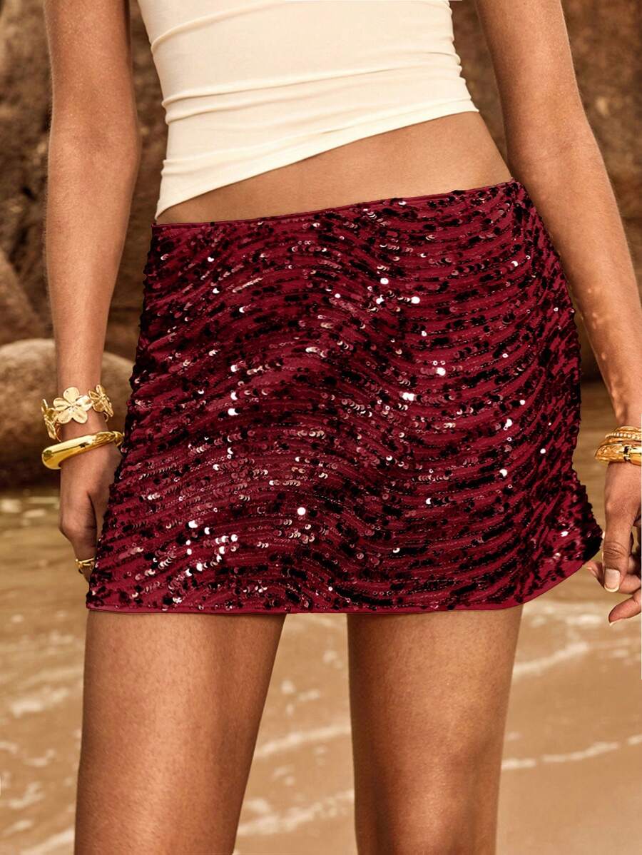 Poéselle Women Sequin Mini Skirt Seaside Party Women Skirts Women Solid Color Sequin Glittery Stylish Short Skirt Beach Women Spring Women Summer Clothes Summer Women Clothes Festival Summer Rave Summer Skirt Women Bottoms - Burgundy - View 1