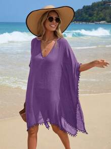 Swim Vcay Women's Summer Vacation Tassel Trim Cover Up Dress - Purple - View 4