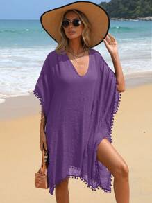Swim Vcay Women's Summer Vacation Tassel Trim Cover Up Dress - Purple - View 5