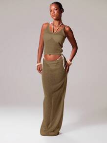 Musera Resort Low Rise Sequin Knit Maxi Skirt Only Boho Ibiza Cute Sexy Vacation Summer Beach Swimwear Cover Up - Khaki - View 1