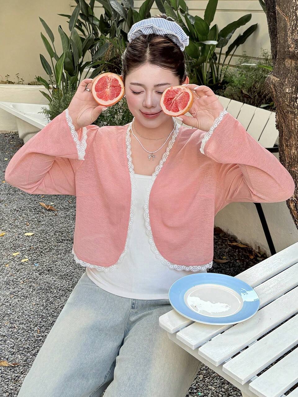 Dazy Plus Plus Size Lace Patchwork Flared Sleeve Short Lightweight Cover Up, Pink, Beach Women