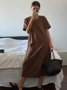 Livesso Solid Drop Shoulder Tee Dress Sundress - Mocha Brown - View 5
