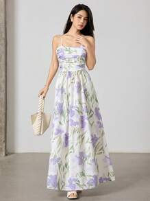 Modelyn Women's Floral Print Ruched Casual Cami Dress - Green - View 4