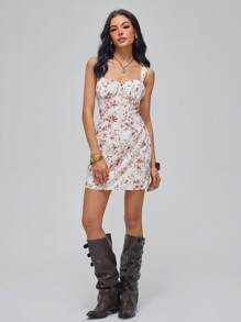 Roylia French Floral Print Tight Waist Ruffle Decoration Camisole Dress With Bust Cup For Women - Multicolor - View 7