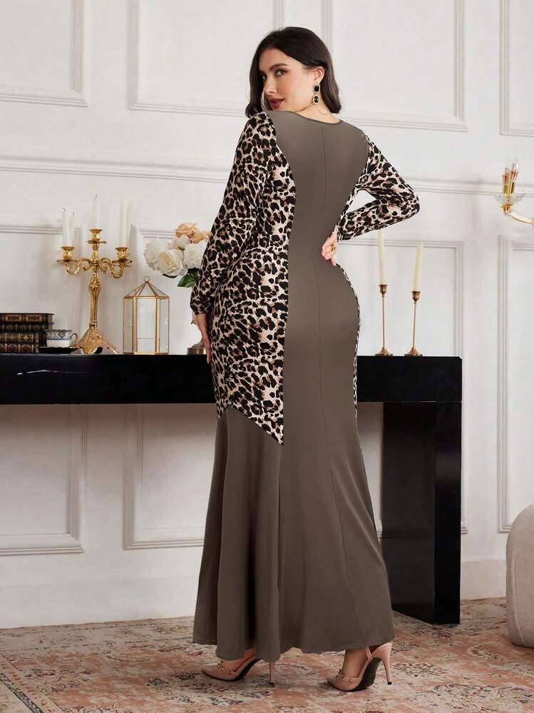 Modelyn Plus Size Elegant Leopard Patchwork Ruched Bust Bodycon Dress For Summer - Coffee Brown - View 2
