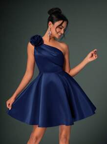 Lovelzi Elegant & Glamorous 3D Floral Asymmetrical Neck Ruffle Dress, Party Short Formal Dress, Prom Dress Blue