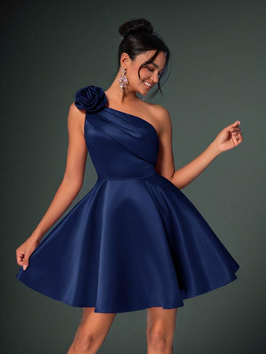 Lovelzi Elegant & Glamorous 3D Floral Asymmetrical Neck Ruffle Dress, Party Short Formal Dress, Prom Dress Blue