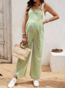 SHEIN Gasaul 度假格子阔腿孕妇连体裤 - 綠色 - 查看 8