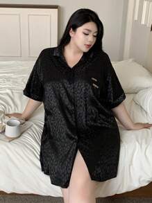 Dazy Plus Leopard Print Lapel Collar Straight Short Robe, Home Sleepwear - Black - View 7