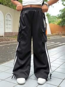 青少年女孩休闲梭织纯色宽松工装口袋侧系蝴蝶结阔腿裤，返校季 - 黑色 - 查看 5