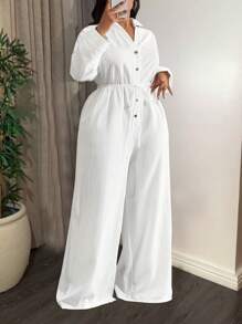 2025 新款休闲度假白色百搭生日派对约会日常休闲基本通勤性感街头长袖衬衫前扣系带腰部口袋加大码阔腿褶皱连体裤 - A - 白色 - 查看 4