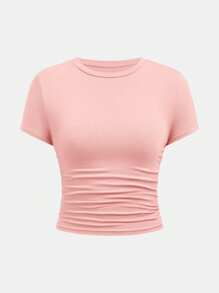 SHEIN Conjunto casual a juego para adolescentes de unicolor, con camiseta con volantes y pantalones con pierna acampanada - Rosa - Ver 4