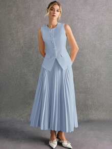 Poéselle 2 件女士单排扣纯色背心和百褶裙套装女士办公室服装商务女性服装职业女性服装百褶长裙百褶裙套装夏季优雅连衣裙灰蓝色百褶裙女士秋冬百褶裙 - 藍色 - 查看 2