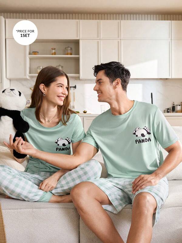 Manfinity CoupledUp Cute Panda Print Short Sleeve Top & Plaid Green Printed Pants Sleepwear Set For Men, Boyfriend Gifts