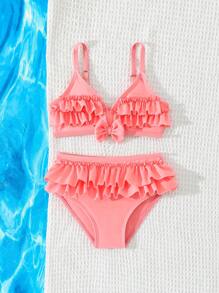 Baby Girl Cute Ruffled Bow Decoration Bikini Swimsuit Set - Pink - View 6