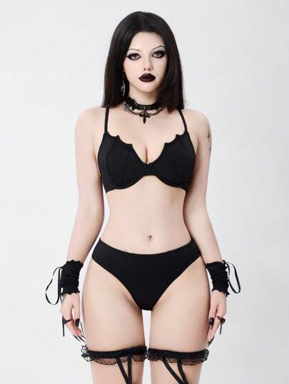 Goth Damen einfarbiger enger Träger-Bikini Set, sexy, Halloween