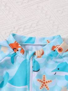 男童连体蓝鲨印花连体衣，户外沙滩游泳男童两件套泳衣套装，男童3-7岁沙滩装，男童儿童沙滩装 - 藍色 - 查看 4