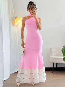 Chiquease 优雅性感纯色荷叶边不对称设计美人鱼连衣裙