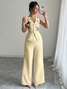 Elenzga Elegant Waist Cinched Mesh Embroidered Sleeveless Top And Pants Set, Cream Yellow, Suitable For Vacation And Commute