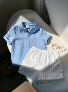 SHEIN LMoss Kids 2pcs/Set Baby Boy Summer Casual Stand Collar Blue Short Sleeve Shirt And Striped Elastic Waist Shorts Set, Suitable For Birthday Party, Evening Party, Performance, Wedding, First Month Celebration, Baptism And 1st Birthday Party, Baby Shower Shirt For Baby Boy Baby Boy Shirts Summer - Multicolor - View 5
