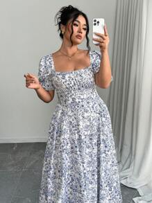 SHEIN LUNE 大码女式泡泡袖花卉印花休闲迷你连衣裙 - 藍白色 - 查看 5