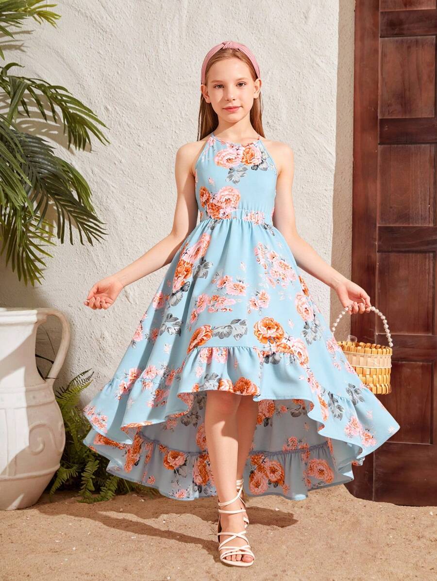 SHEIN Leap Crew Tween Girl Backless Strap Floral Print Sleeveless Vacation Dress - Baby Blue - View 1