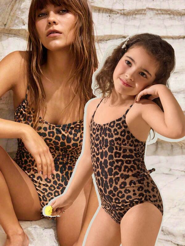 SHEIN Young Girl Leopard Print Side Tie Up Strap One-Piece Swimsuit