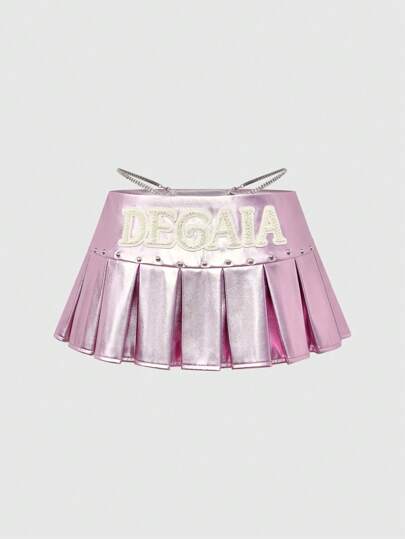 ROMWE Avant Jupe mini plissée Y2K avec imprimé de texte anglais strass et ouverture à l'arrière