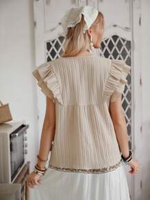 LanaWest Nuova blusa casual con scollo a V, ricamo in pizzo, maniche a volant e fiocco decorativo sulla parte anteriore, adatta per le vacanze, modello ampio