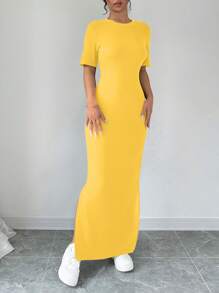 Chiquease 女式V领开衩纯色短袖黄色连衣裙长款女装 - 橘色 - 查看 4