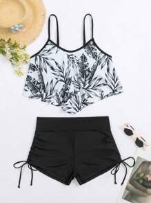 Swim Lushoire 2pcs Printed Random Spaghetti Strap Bikini Set, Handkerchief Hem Without Locking For Summer Beach Vacation - Black - View 4