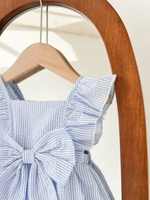 SHEIN LMoss Kids Babygirl Cute Summer Blue & White Striped Bow Ruffle Trim Loose Casual Dress - Blue and White - View 5