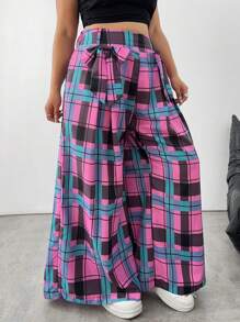 Flirla Plaid Color Contrast Waistband Bow Decor Loose Pants - Pink - View 8