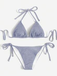 SHEIN Swim 女士两件套比基尼套装，纯色三角杯吊带文胸和系带侧泳裤 - 藍色 - 查看 1