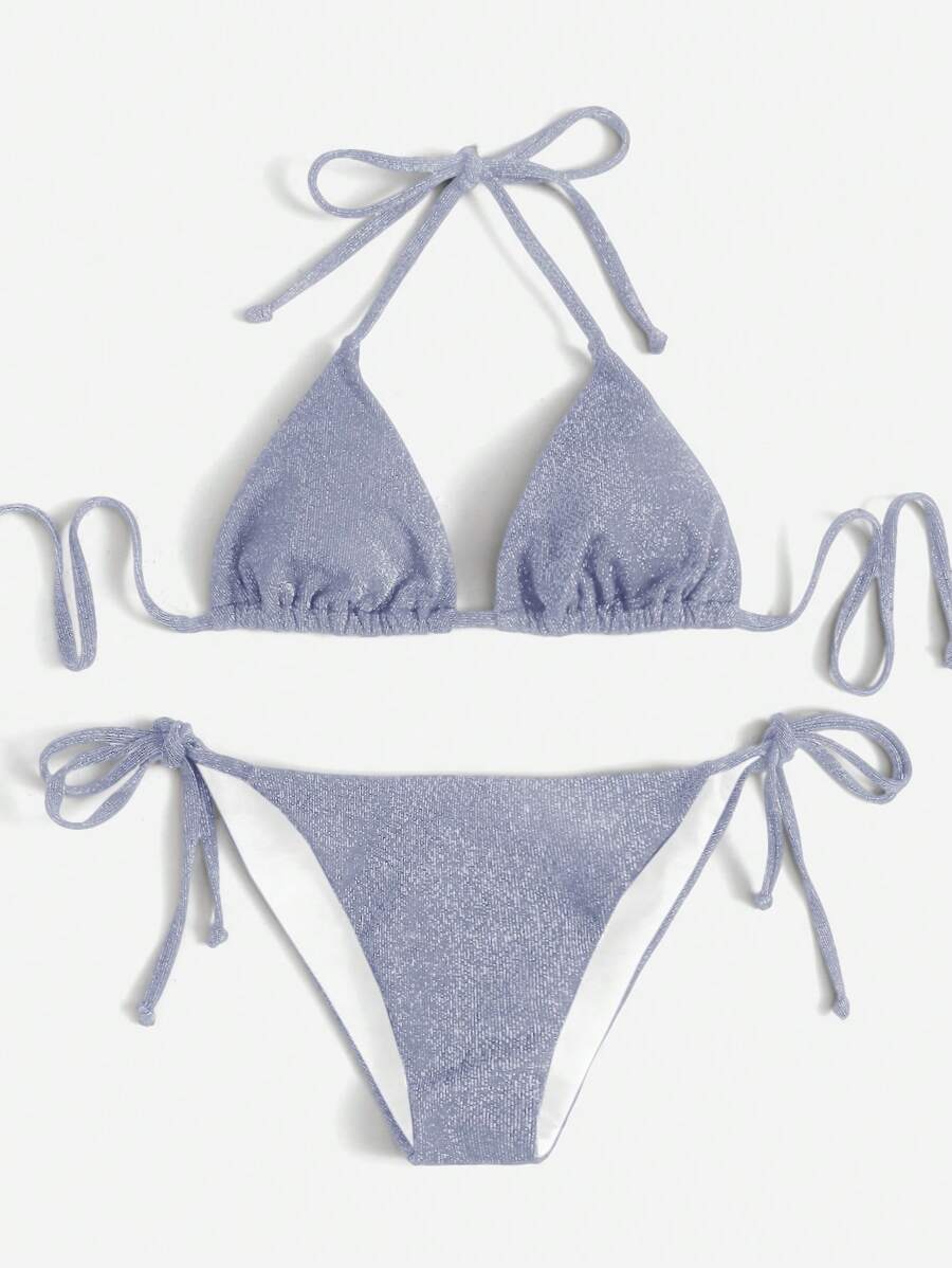 SHEIN Swim 女士两件套比基尼套装，纯色三角杯吊带文胸和系带侧泳裤 - 藍色 - 查看 1