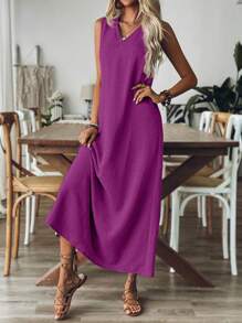 Breezaya Đầm Maxi Không Tay Màu Trơn Cổ Chữ V Thoải Mái Đơn Giản Cho Nữ - Màu tím - Xem 4